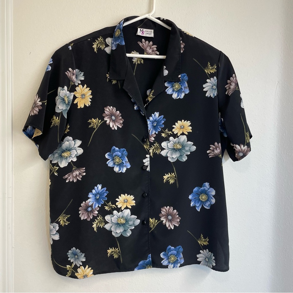 Vintage Maggie Sweet Shirts Womens Plus size 3X Black Floral‎ Button up Casual